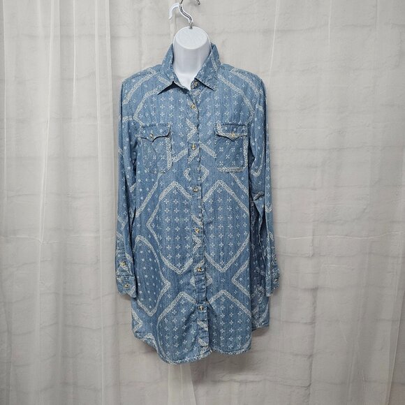 Wrangler Blue tunic button Up blouse Western Boho Casual M - Picture 12 of 12